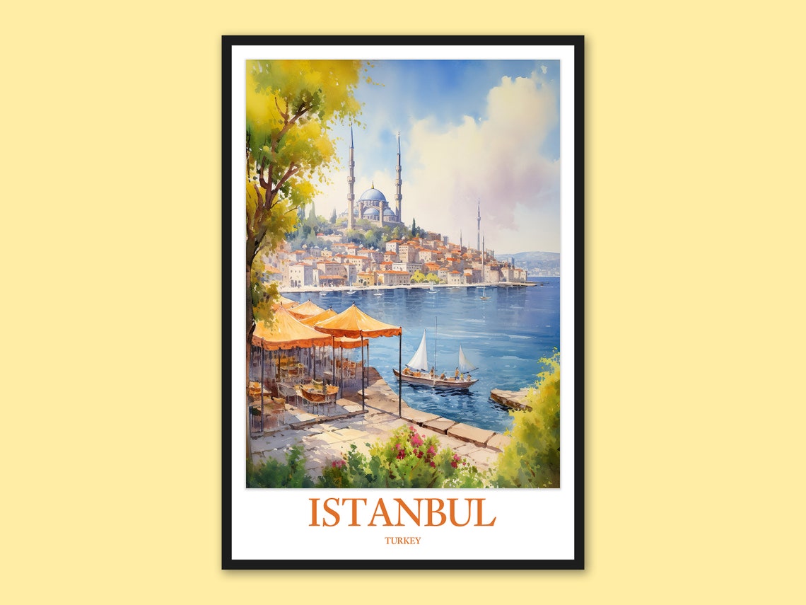 Istanbul Turkey Waterfront Cafe Bosphorus View Travel Poster