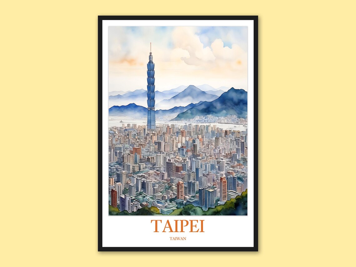 Taipei Taiwan City Skyline Sunset Glow Watercolor Travel Poster