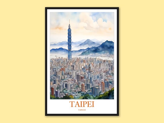 Taipei Taiwan City Skyline Sunset Glow Watercolor Travel Poster