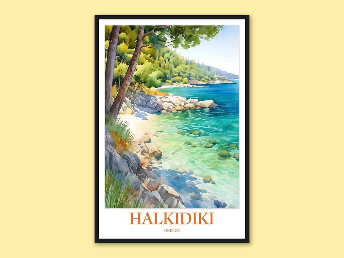 Halkidiki Greece Pine Forest Rocky Beach Watercolor Travel Poster