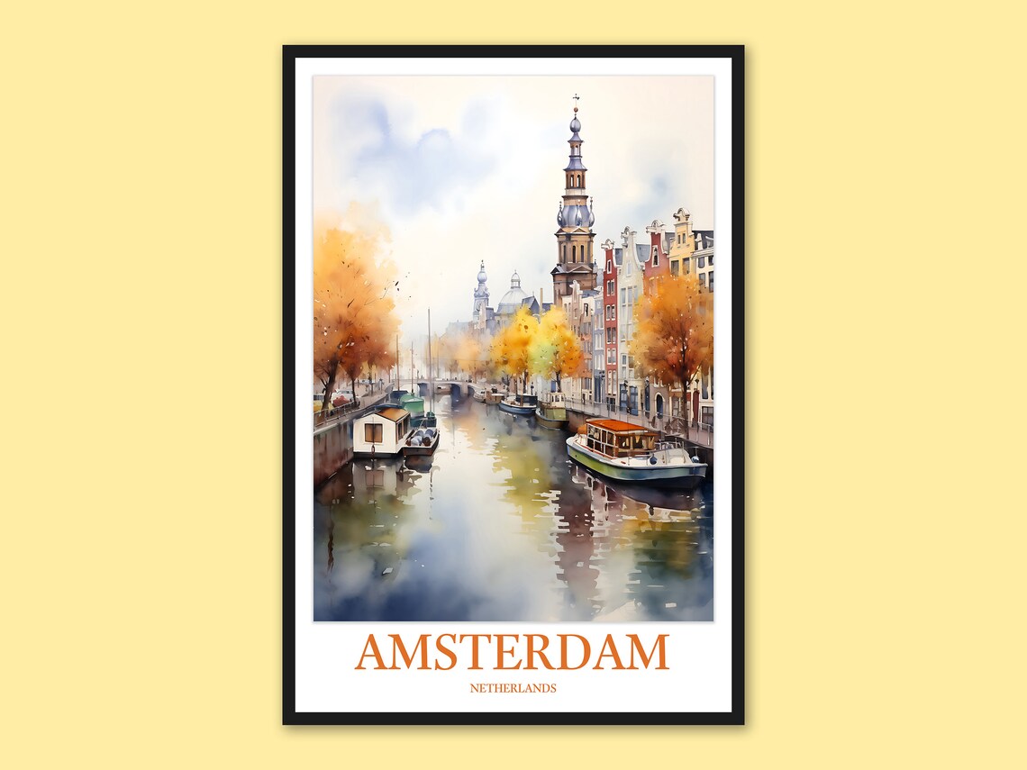 Amsterdam Netherlands Golden Autumn Canal Boats Watercolor Poster