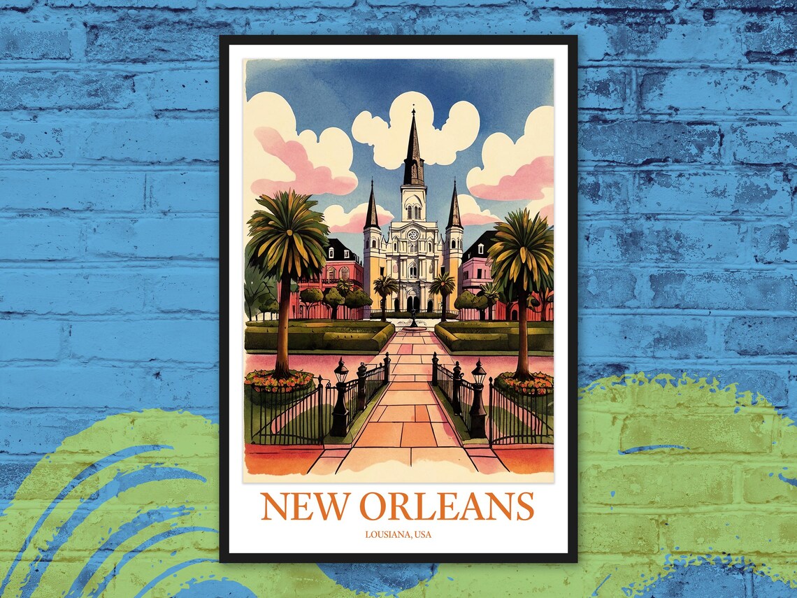 New Orleans St Louis Cathedral Pink Retro Cityscape Travel Poster