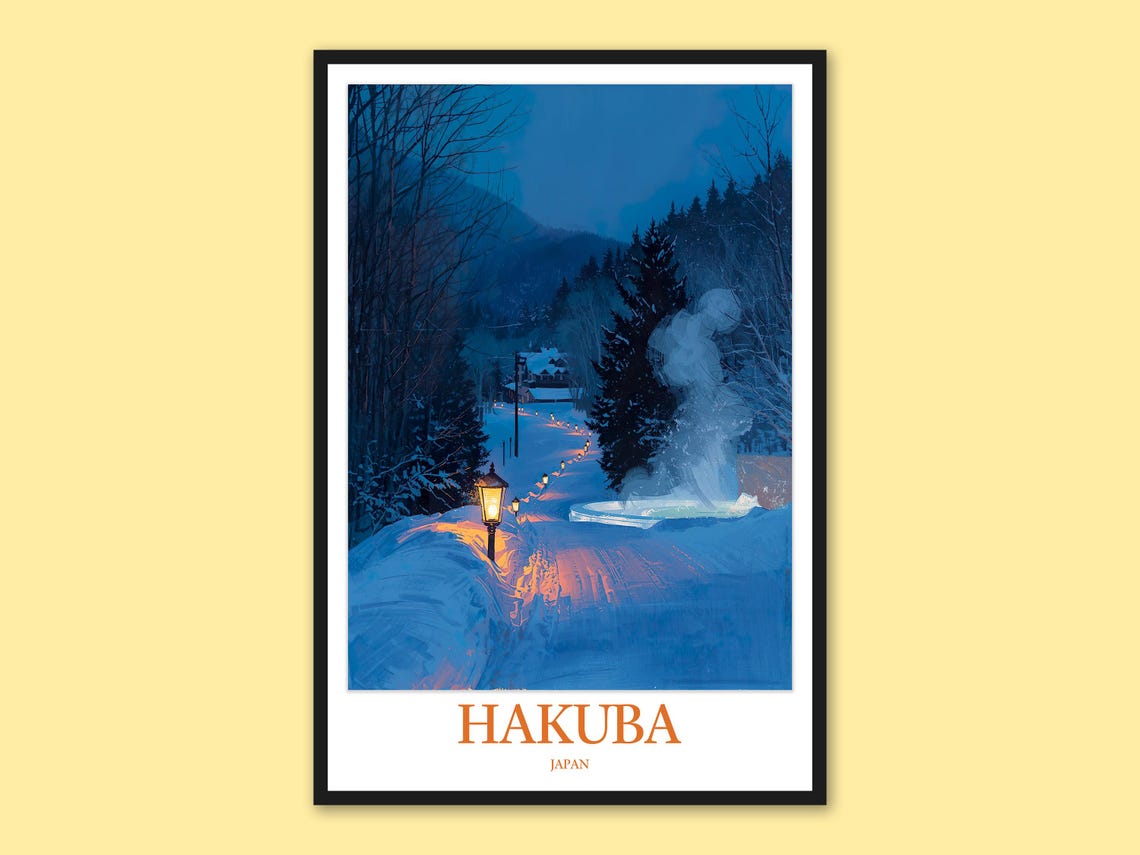 Hakuba Night Onsen Lantern Path Japan Winter Snowy Travel Poster