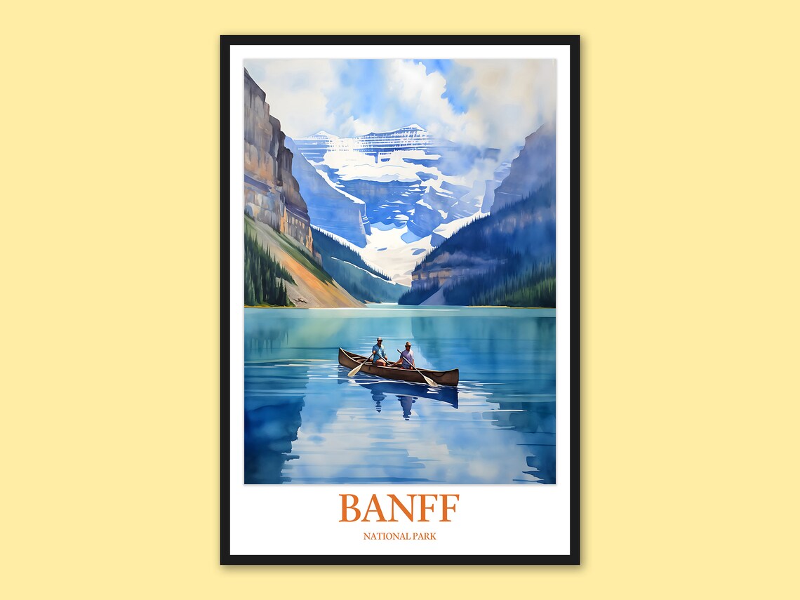 Banff National Park Two Paddlers Canoe Across Glacier Lake Poster