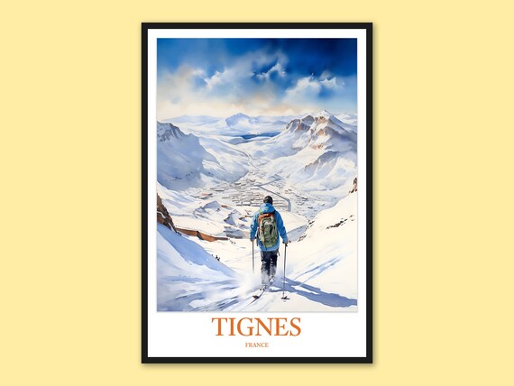 Tignes France Skier Mountain Slopes Winter Scene Travel Poster