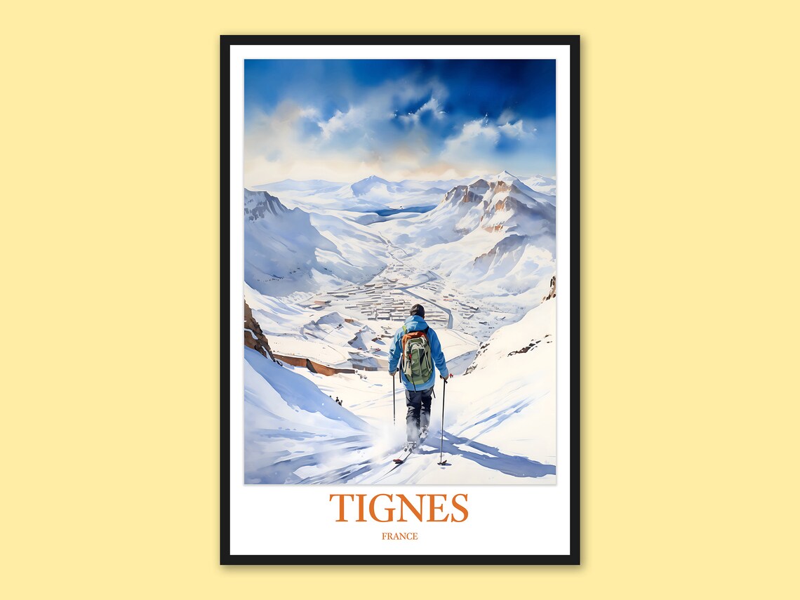 Tignes France Skier Mountain Slopes Winter Scene Travel Poster