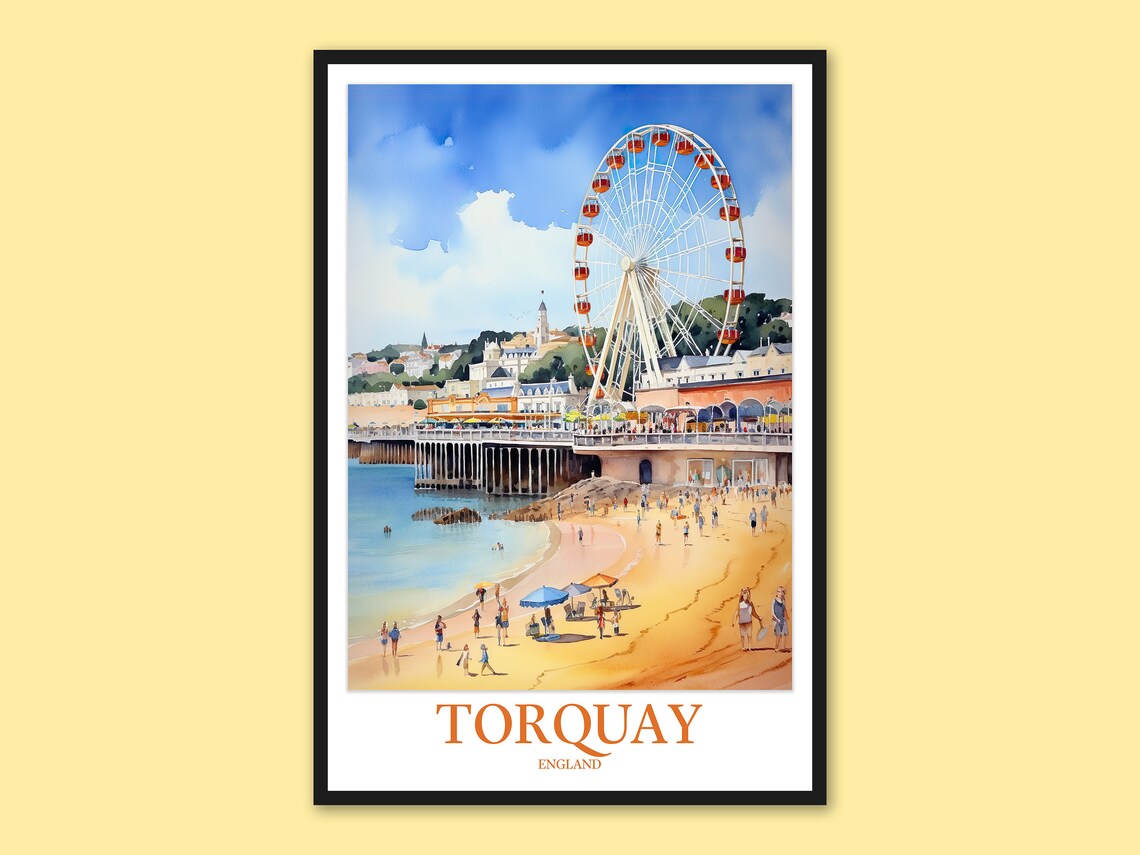 Torquay Ferris Wheel Pier Beach Day Watercolor Travel Poster
