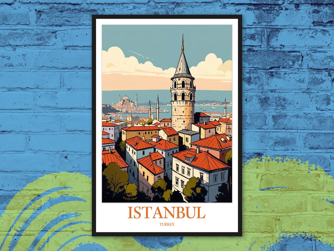 Istanbul Galata Tower Waterfront Mosques Retro Travel Art Poster