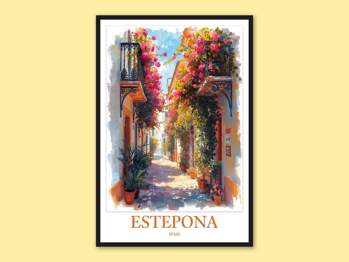 Estepona Spain Flower Balcony Cobbled Street Travel Poster Art