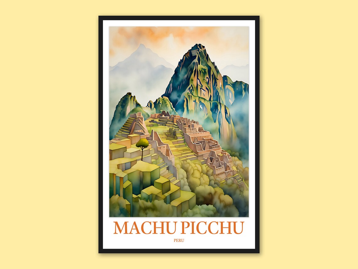 Machu Picchu Golden Terrace Ruins Watercolor Travel Art Poster