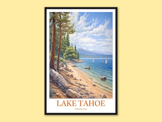 Lake Tahoe Summer Sandy Beach Sailboats Pines Nevada Travel Poster