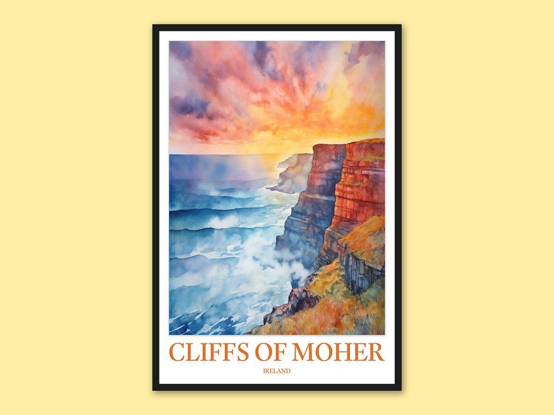 Cliffs Of Moher Ireland Sunset Watercolor Fiery Sky Travel Poster