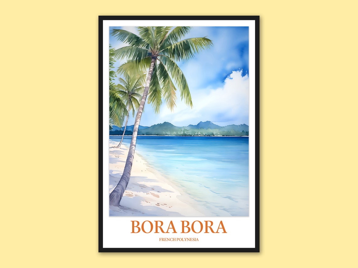 Bora Bora French Polynesia Watercolor Palm Beach Travel Poster