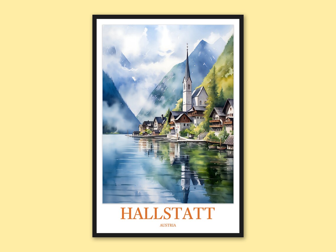 Hallstatt Austria Watercolor Lakeside Village Mountain Travel Poster