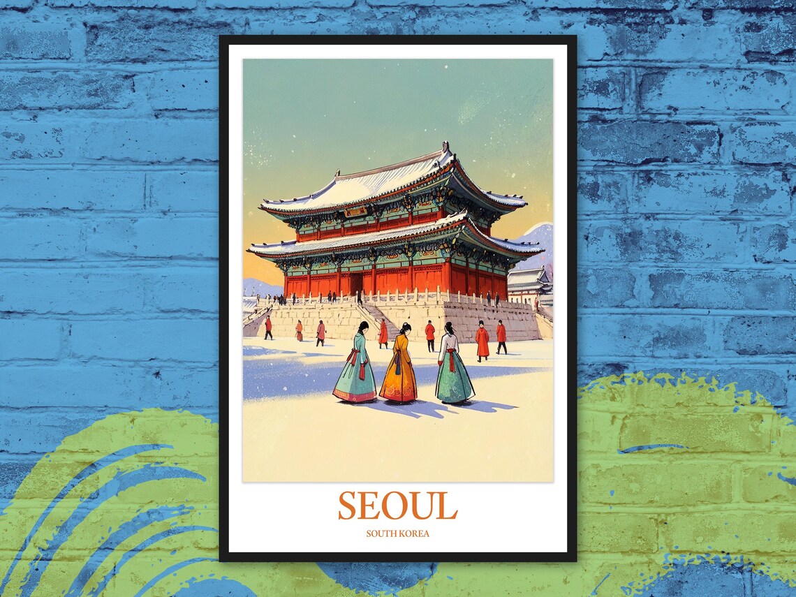 Seoul Gyeongbokgung Palace Snowy Hanbok Winter Scene Travel Poster
