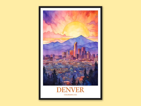 Denver Colorado Sunset Skyline Mountain Silhouette Travel Poster