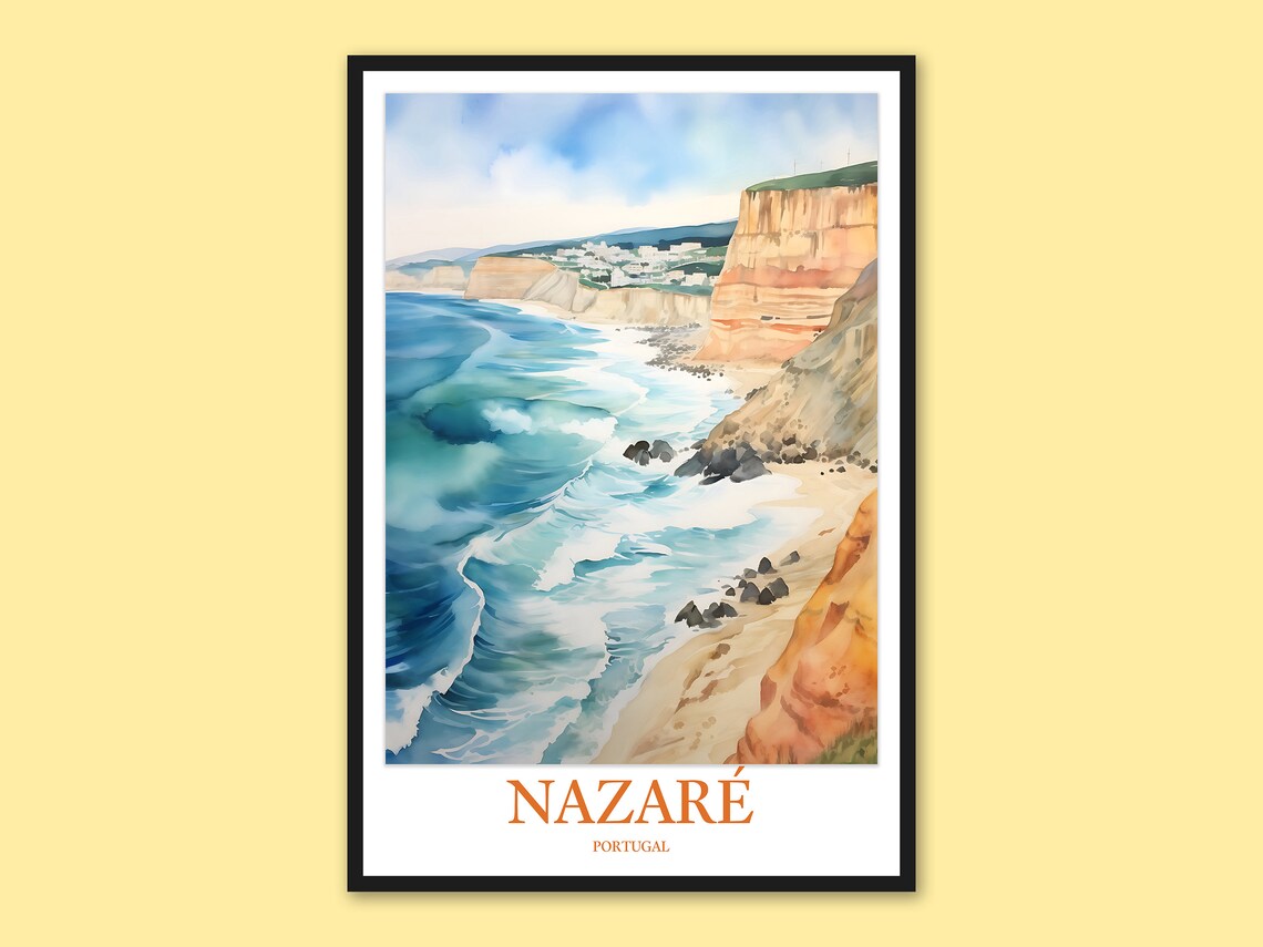 Nazaré Portugal Dramatic Cliff Coast Watercolor Travel Poster