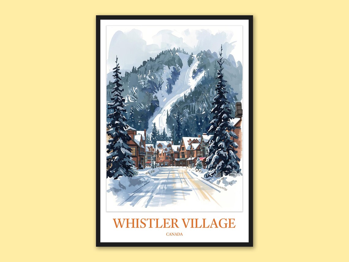 Whistler Village Canada Snowy Street Ski Slope Watercolor Poster