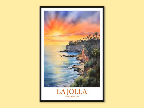 La Jolla California Fiery Sunset Over Ocean Cliffs Watercolor Poster Art