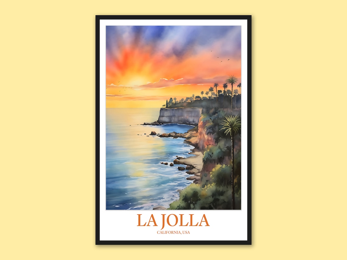 La Jolla California Fiery Sunset Over Ocean Cliffs Watercolor Poster Art