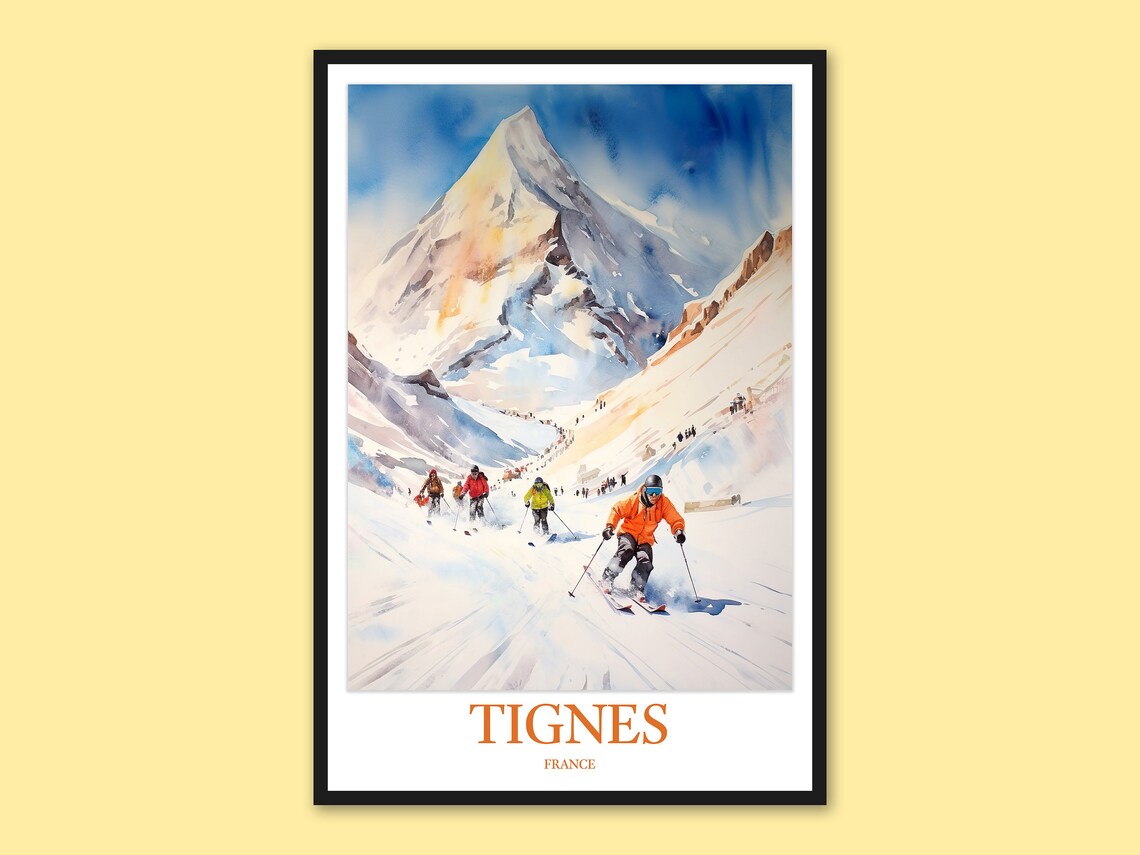 Tignes France Downhill Skiers Alpine Peak Watercolor Art Poster