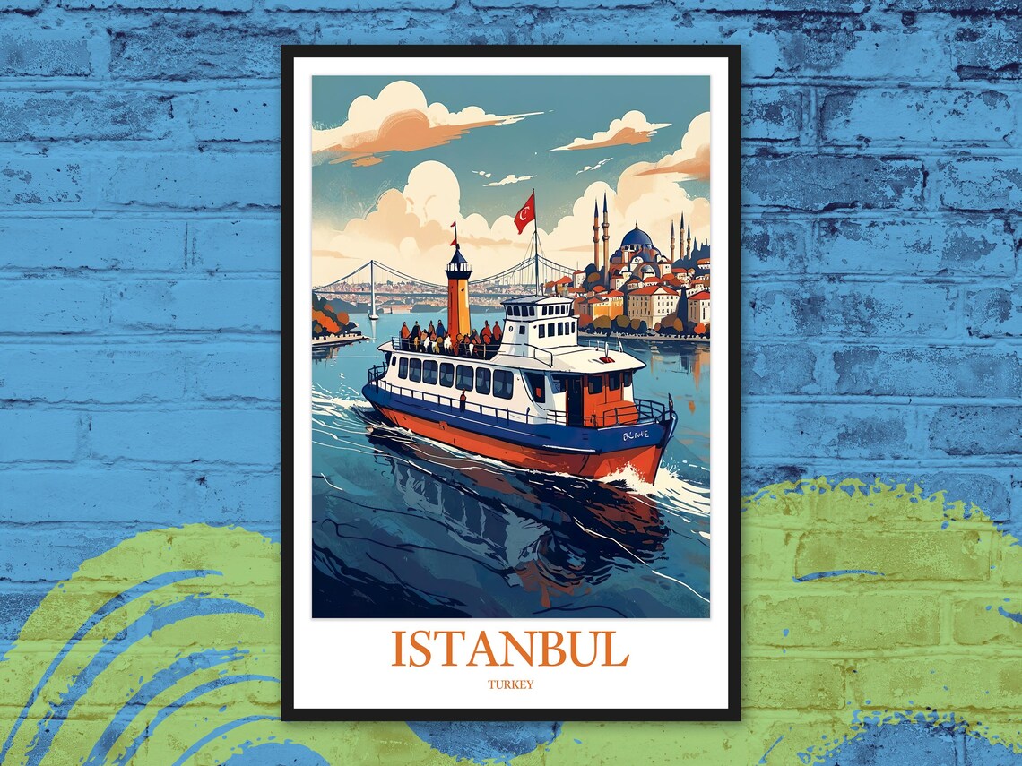 Istanbul Ferry Bosphorus Vintage Travel Illustration Blue Poster