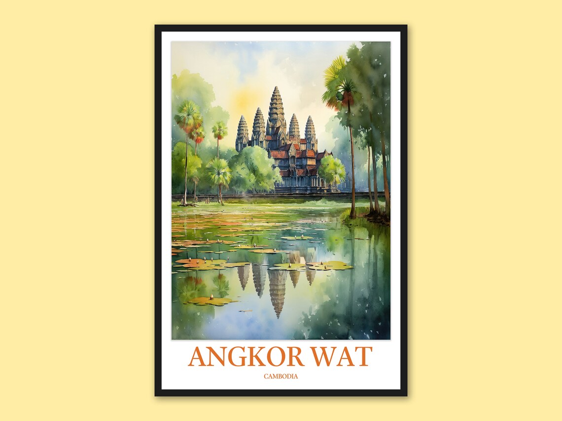 Angkor Wat Cambodia Lotus Pond Morning Watercolor Travel Poster