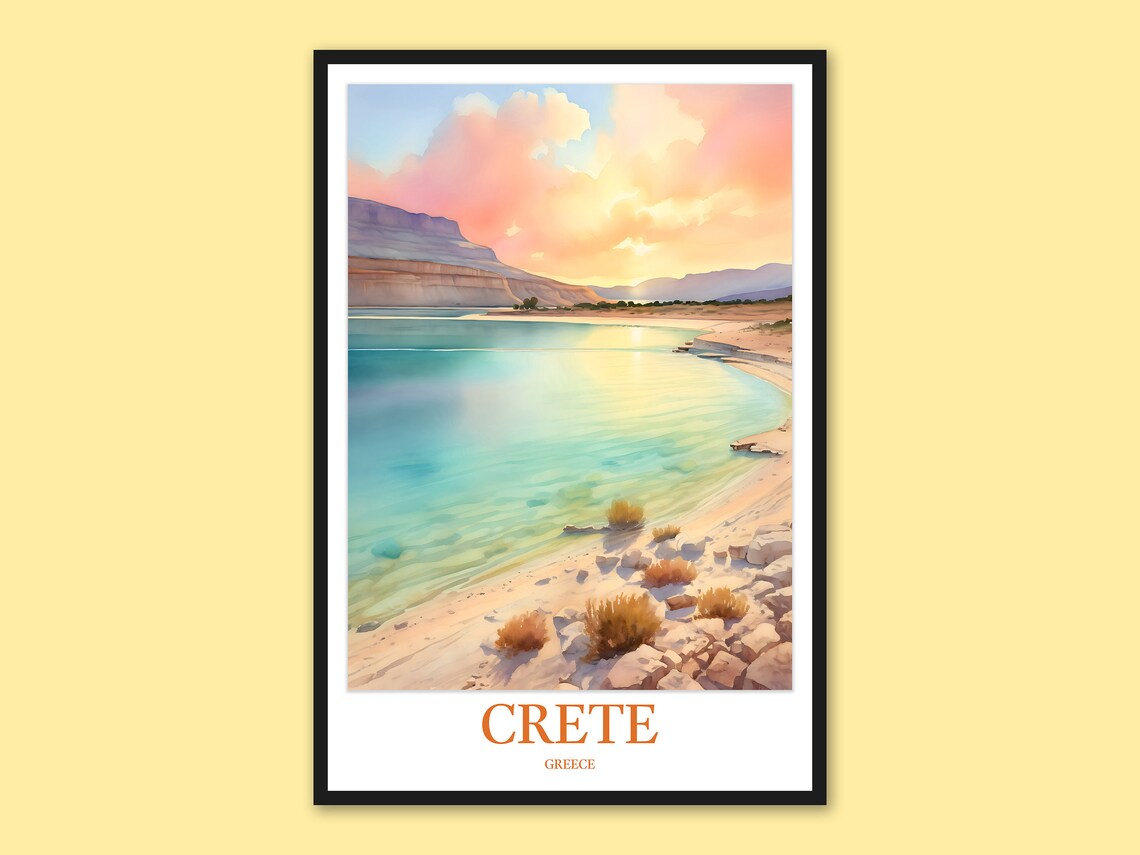 Crete Greece Turquoise Bay Sunset Beach Watercolor Travel Poster