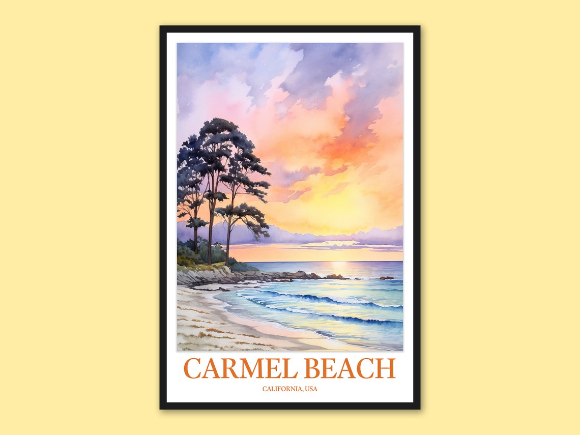 Carmel Beach California Sunset Ocean Watercolor Travel Poster