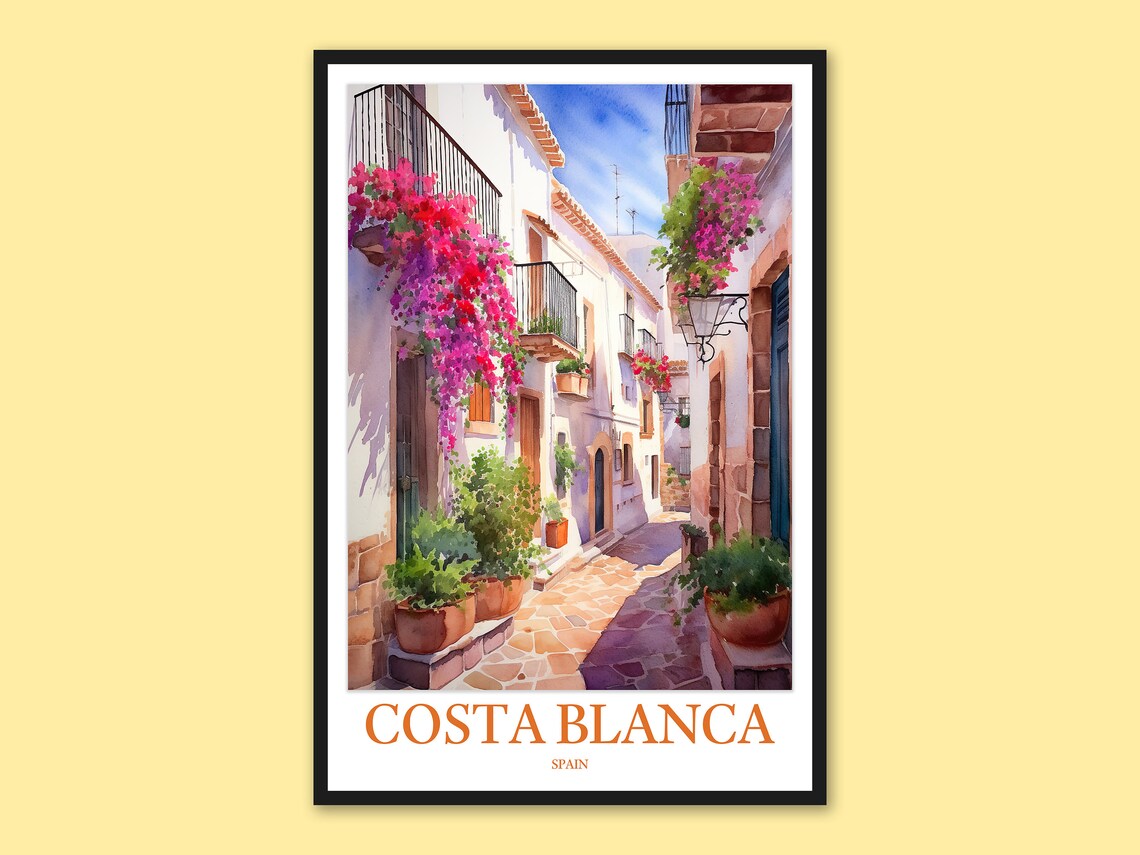 Costa Blanca Spain Bougainvillea Old Town Alley Watercolor Poster