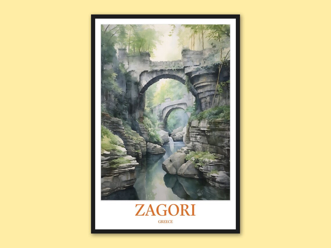 Zagori Greece Stone Arch Bridges River Gorge Watercolor Travel Poster