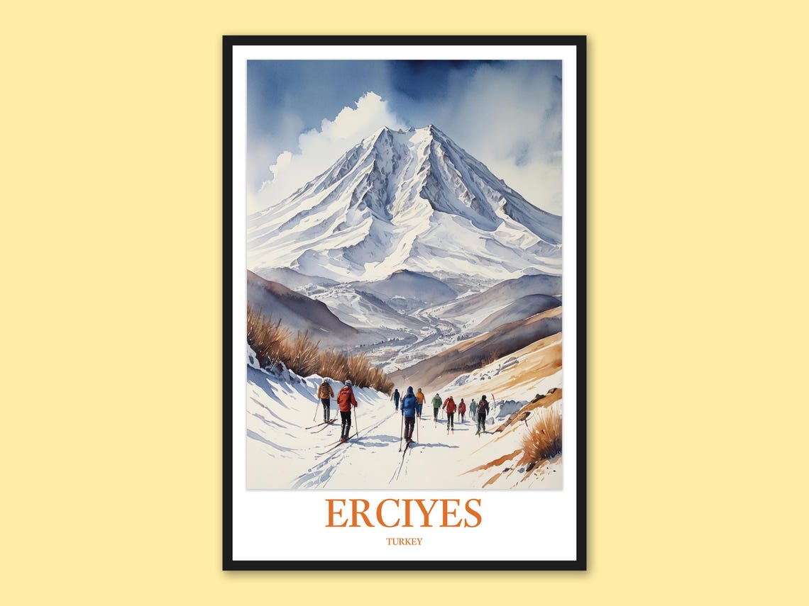 Erciyes Turkey Snowcapped Volcano Mountain Skiers Travel Poster