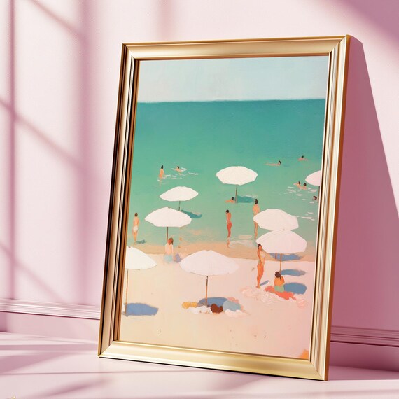 White Beach Umbrellas Turquoise Ocean Minimalist Retro Summer Coast Poster