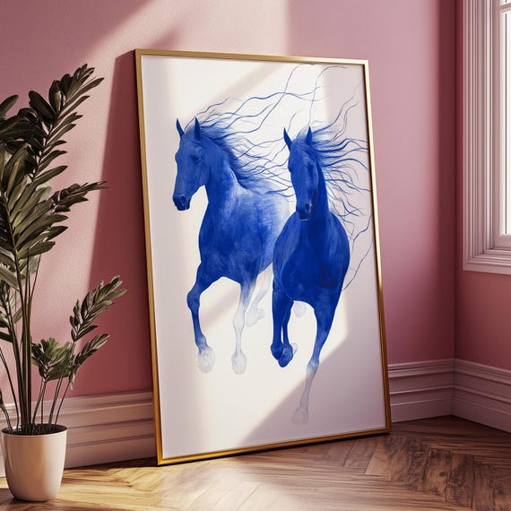 Blue Horse Art Print Elegant Galloping Horses Wall Decor Minimalist Animal Illustration Modern Equestrian Gift For Lovers
