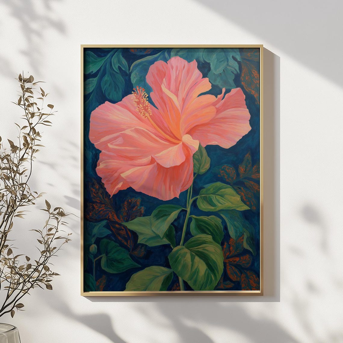 Pink Hibiscus Flower on Dark Teal Tropical Botanical Painting Poster