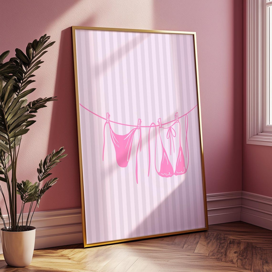 Pink Bikini on Clothesline Minimal Line Art Beach Vibe Poster