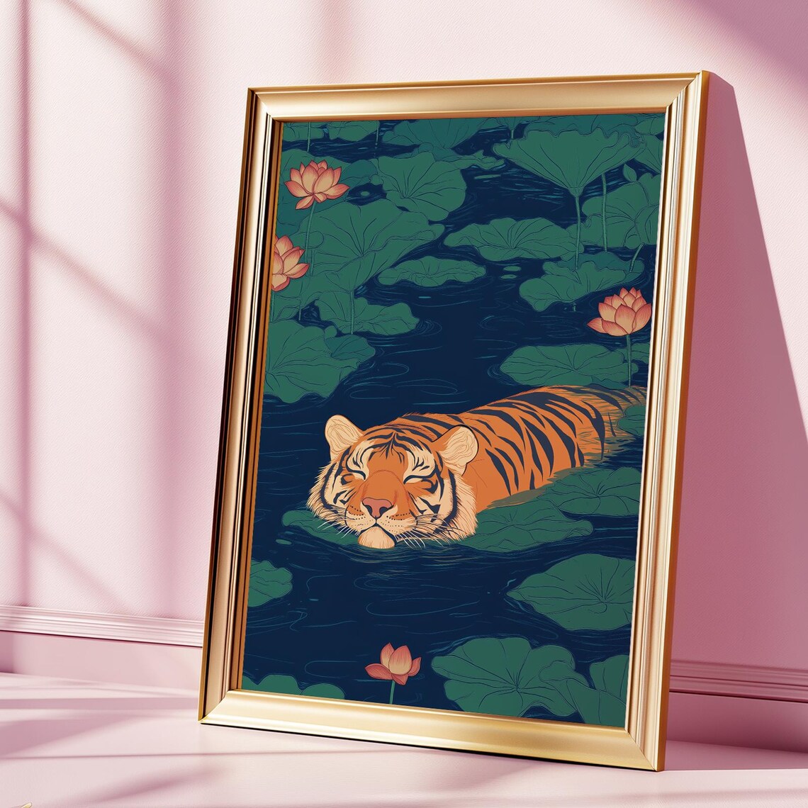 Tiger Swimming Among Lily Pads Lotus Flowers Serene Jungle Night Poster