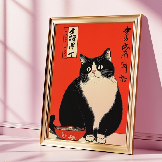 Chubby Tuxedo Cat with Food Bowl Red Japanese Woodblock Style Feline Poster