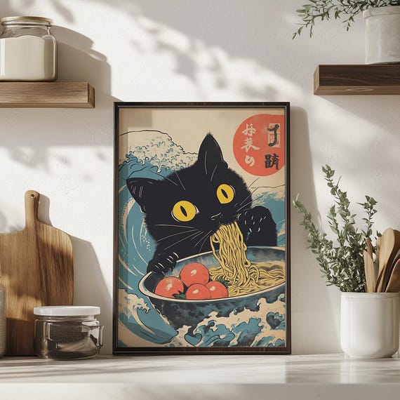 Vintage Cat Eating Ramen Wall Art Japanese Print Kitchen Decor Noodle Quirky Illustration