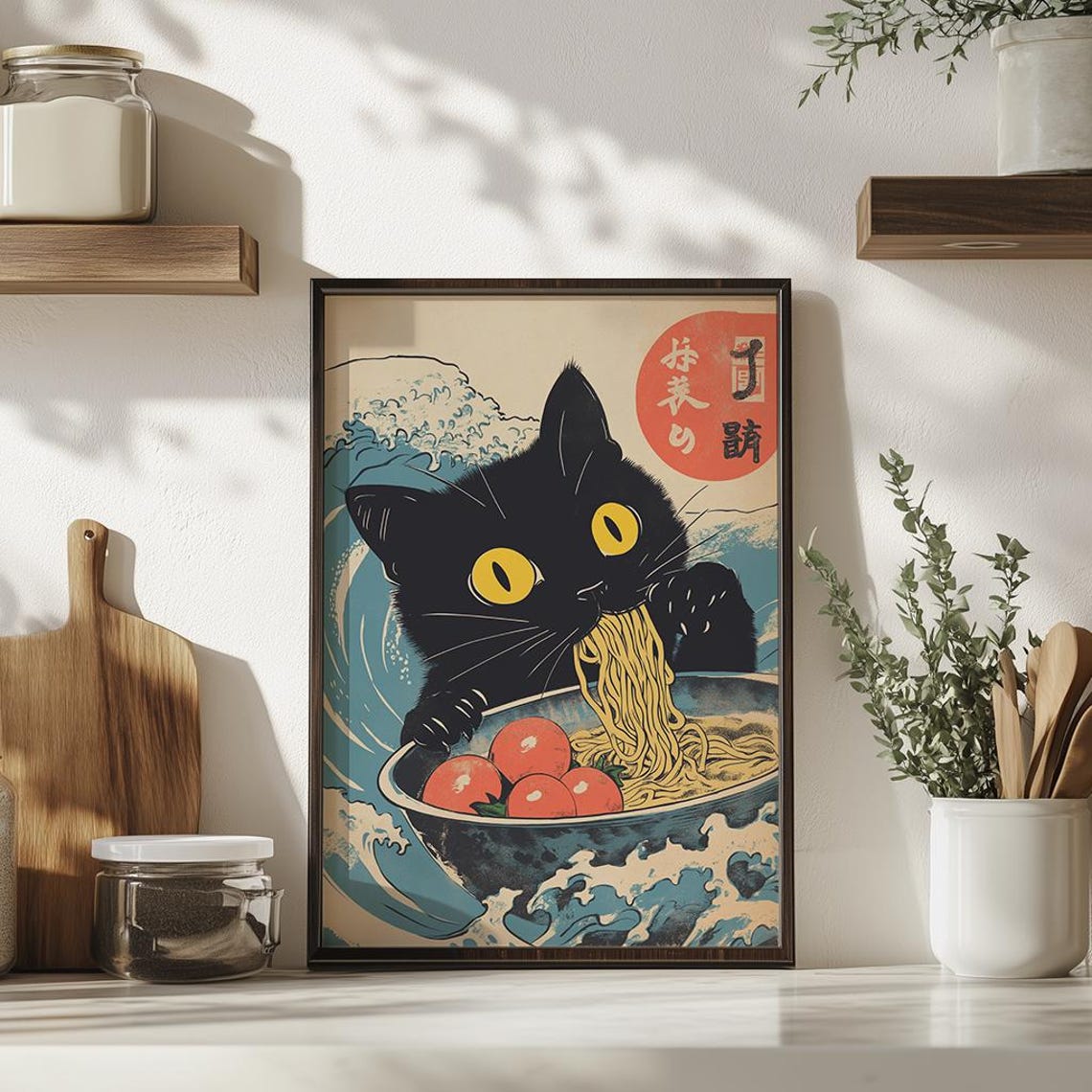 Vintage Cat Eating Ramen Wall Art Japanese Print Kitchen Decor Noodle Quirky Illustration