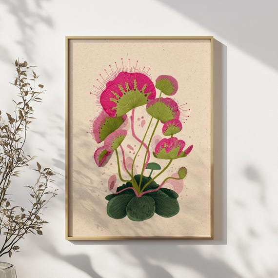 Modern Abstract Carnivorous Botanical Wall Art Print Pink Green Plant Illustration Poster Minimal Nature For Home Decor