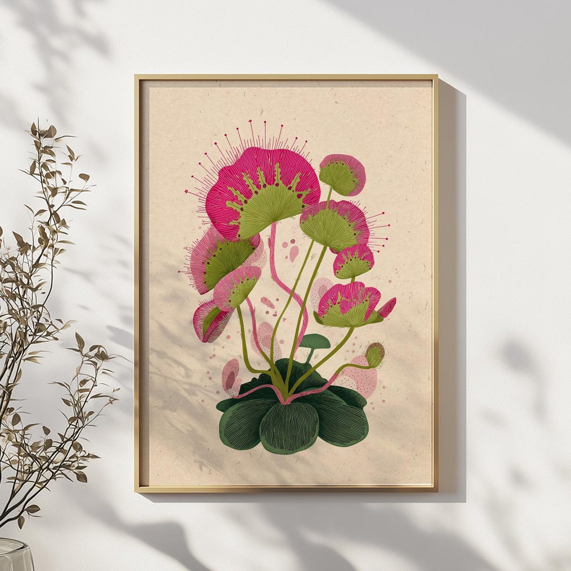 Modern Abstract Carnivorous Botanical Wall Art Print Pink Green Plant Illustration Poster Minimal Nature For Home Decor