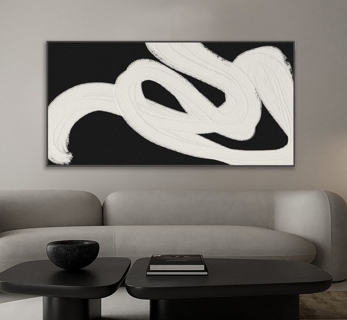 White Ribbon Swirl On Black Bold Abstract Modern Gallery Art Poster - Image 4