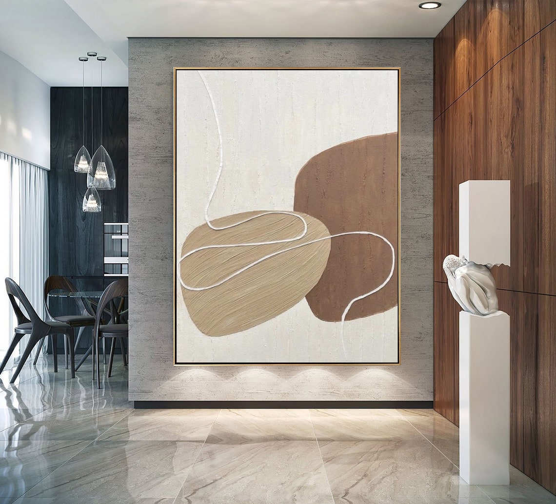 Overlapping Tan Rounded Forms With White Wave Line Art Poster - Image 4
