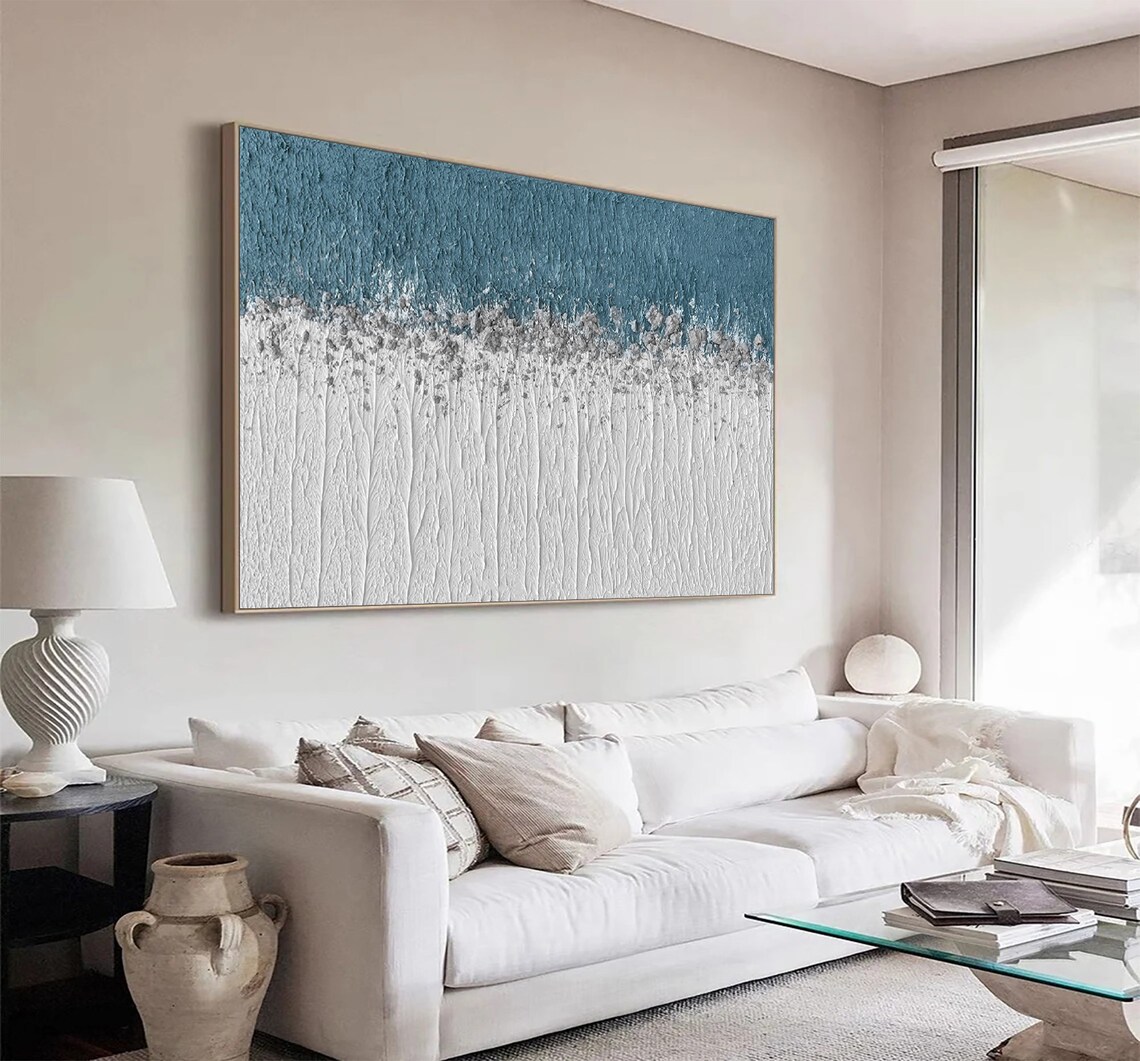 Large Blue White Abstract Painting On Wall Art Blue White Textured Minimalist Painting Blue White Wall Art Painting Blue Painting - Image 2