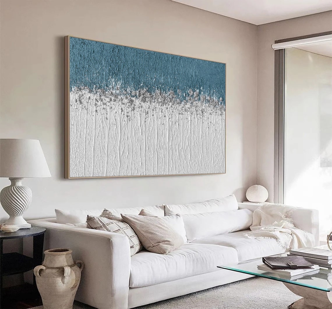 Slate Blue Over White Bark Textured Minimalist Abstract Poster - Image 2