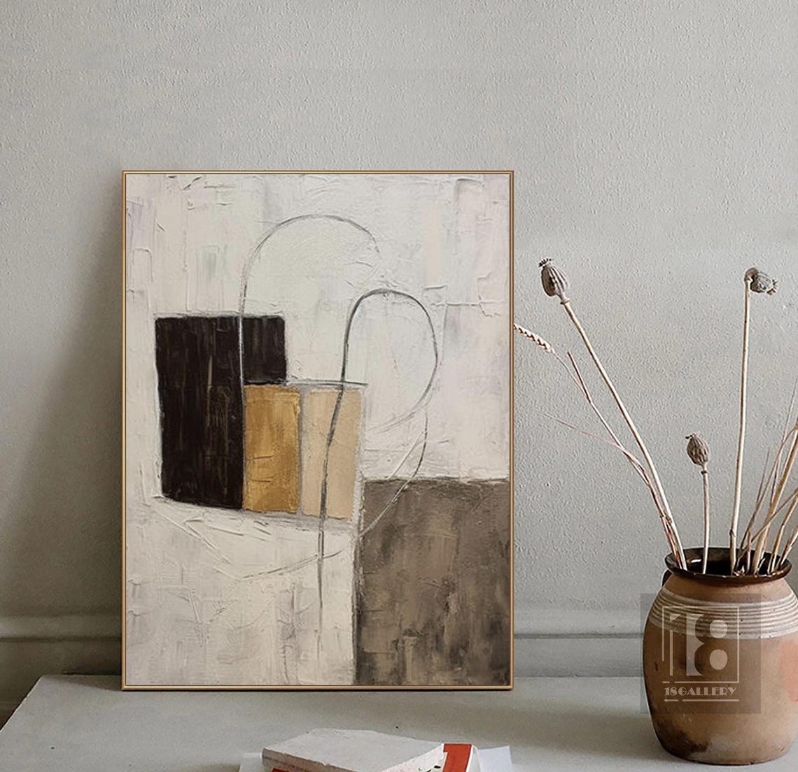 Geometric Blocks and Arched Line in Brown and Gold Abstract Poster - Image 4