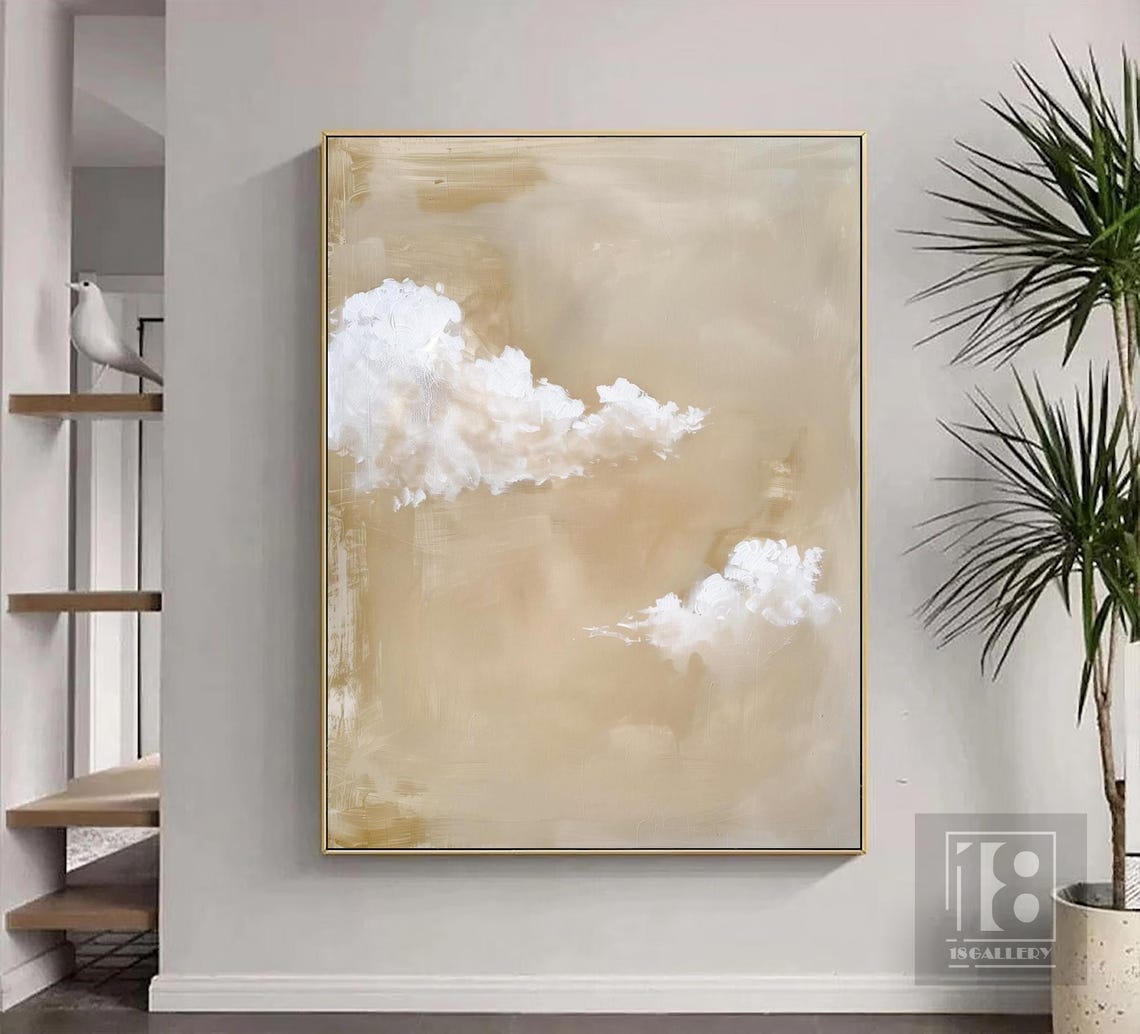 Two Floating White Clouds on Golden Beige Vertical Abstract Poster - Image 4