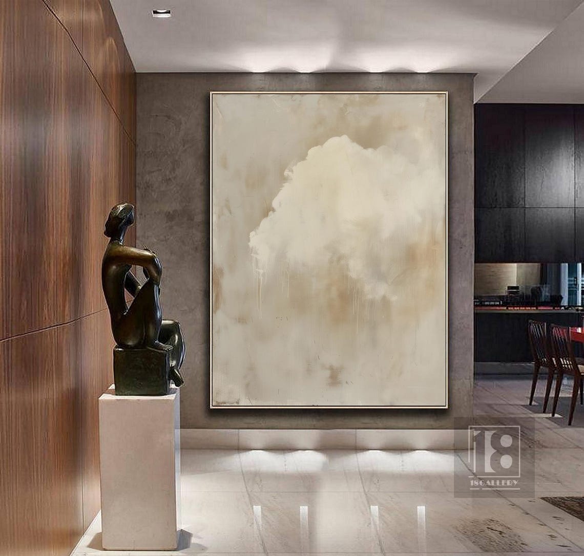 Single Centered White Cloud on Warm Beige Abstract Painting Poster - Image 4