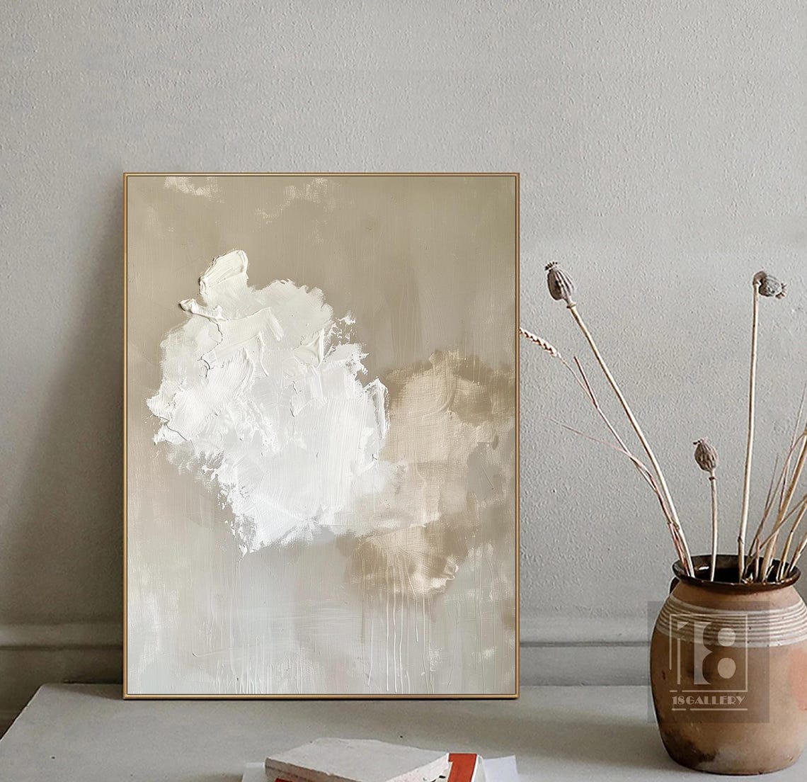 Large White Cloud Abstract Painting Neutral Beige Wall Decor White Texture Wall Art Framed Oil Painting Artwork For Living Room - Image 4